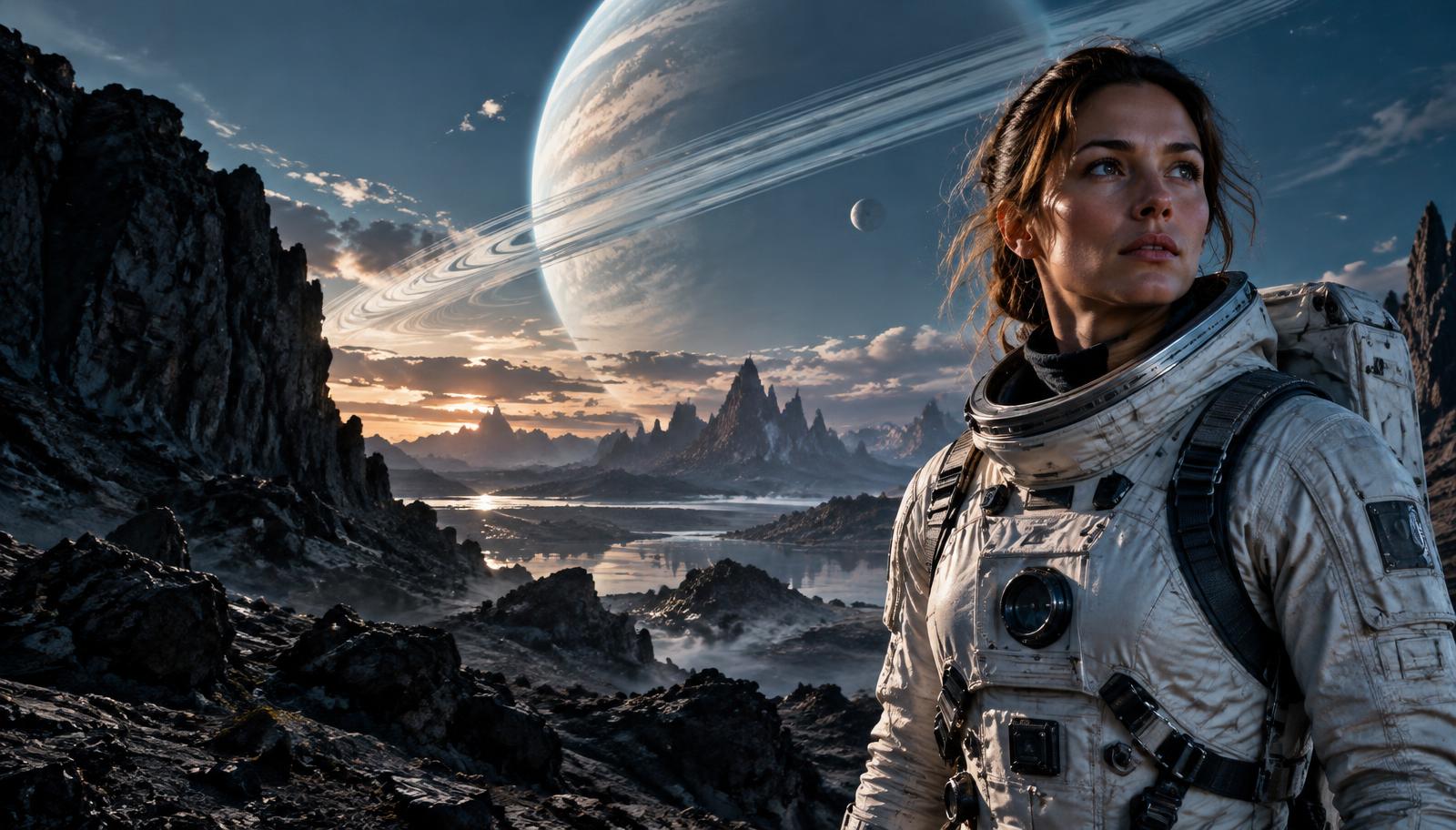 Cena ilustrativa de ficção científica, uma astronauta diante de um planeta com anéis
