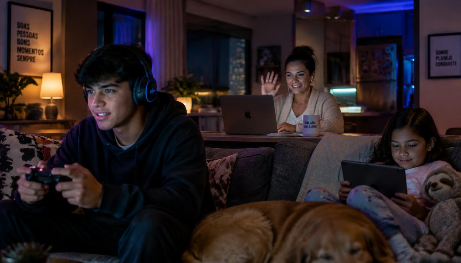 Família em casa: jovem jogando videogame, mãe em chamada de vídeo e menina com tablet