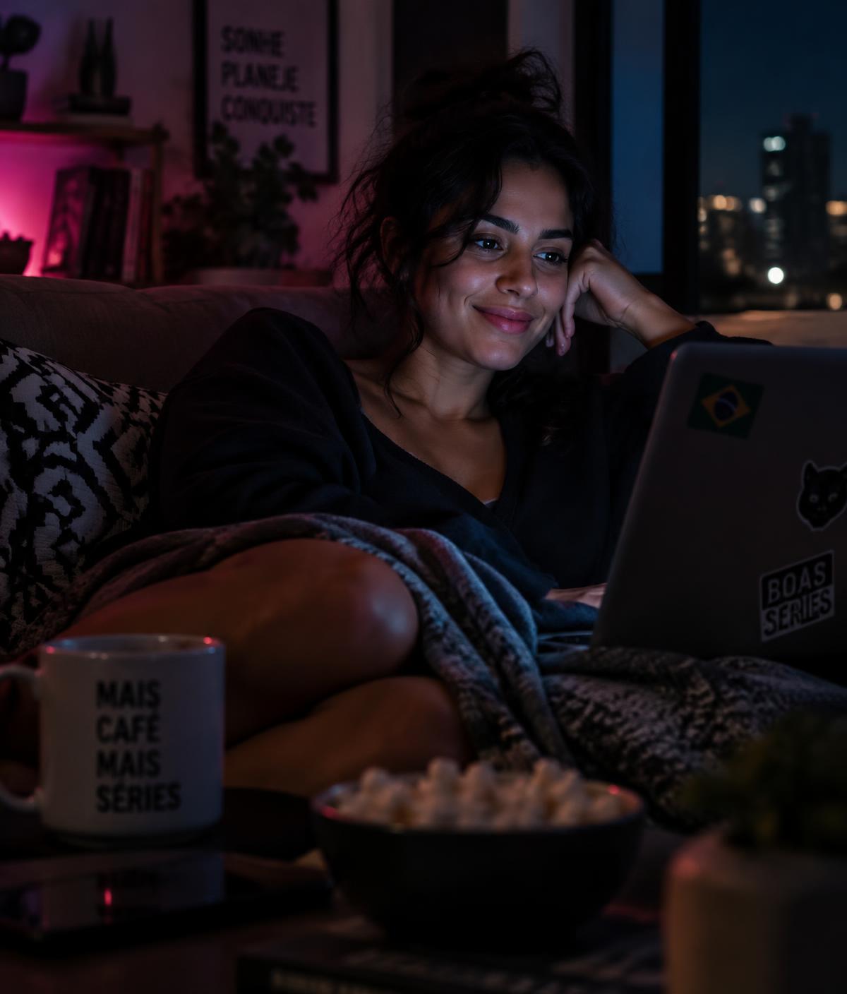 Mulher sorrindo enquanto assiste a uma série no notebook, em casa, à noite